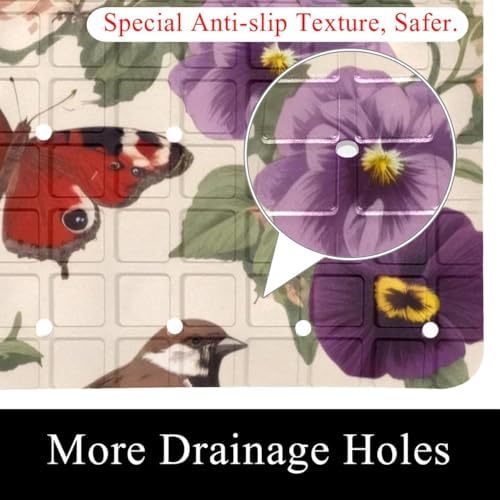 Shower Mat Non Slip 26.8 x 15.1 Inches, Butterfly Flowers Birds Bathtub Mat - Image 2