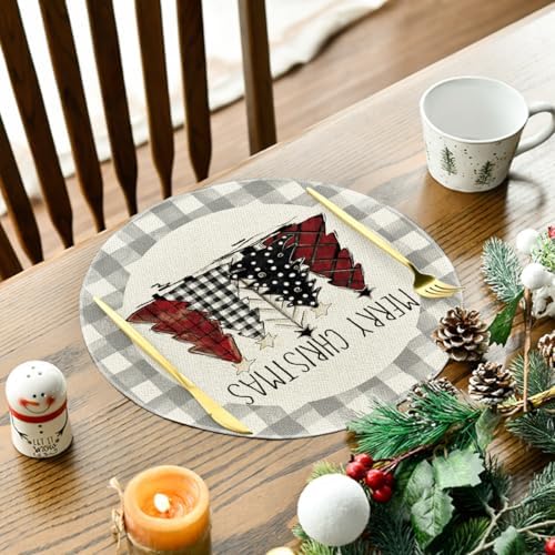 Artoid Mode Watercolor Grey Buffalo Plaid Christmas Trees Round Placemats Set - Image 3