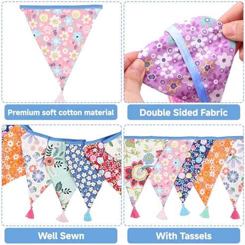 G2PLUS 10.8Ft Cotton Triangle Bunting Banner – 12pcs Multicolor Floral Fabric - Image 3