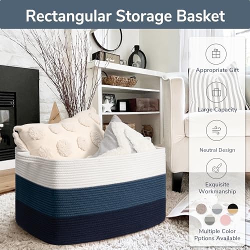 Goodpick Large Woven Rope Blanket Basket, Light Blue - Image 7