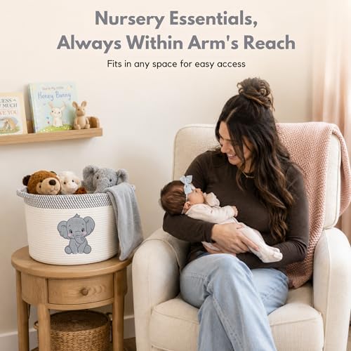 Elephant Baby Storage Basket, Woven Cotton Rope Nursery Bin, 15x11 in - Image 4