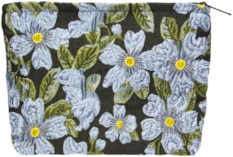 Flat Makeup Bag for Women, Zipper Cosmetic Pouch Purse, Brocade Flower Black by PAZIMIIK
