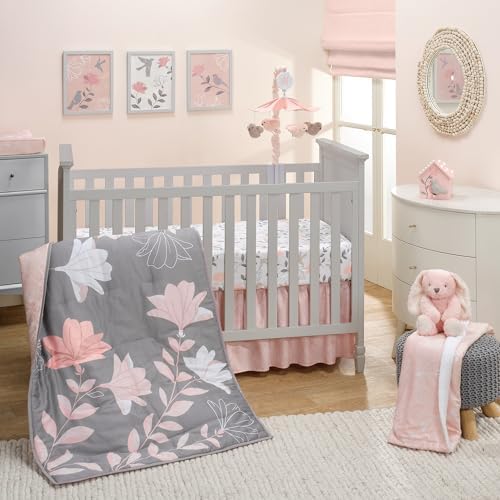 Lambs & Ivy Petals Gray/Pink Sateen Cotton Floral 3-Piece Baby Crib Bedding Set by LambsIvy
