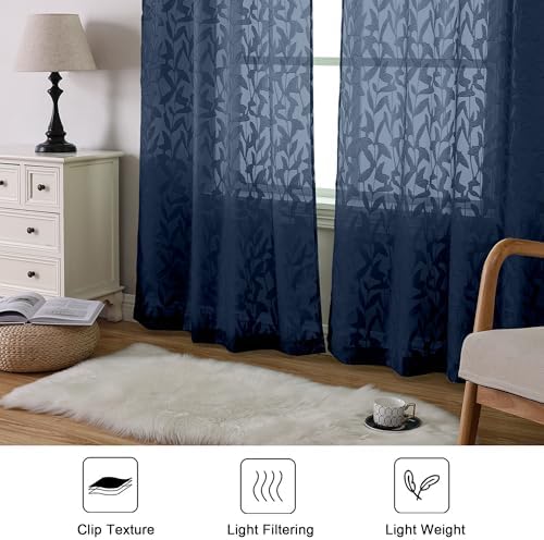 Lecloud Leia Navy Blue Sheer Curtains 84 Inches Long 2 Panels, Airy Leaf - Image 3