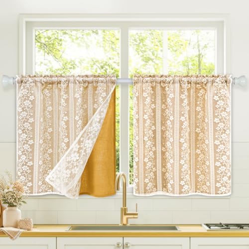 ASPMIZ Linen Kitchen Curtains Double Layer Kitchen Window Curtains 24 Inch by ASPMIZ
