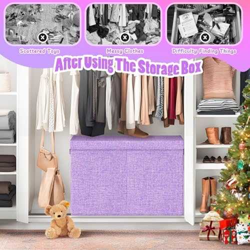 Large Toy Storage Box with Lid, Collapsible Kids Toy Chest Purple - Image 4