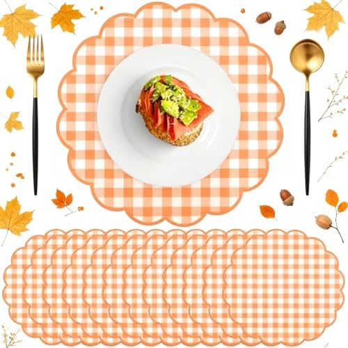60 Pcs Orange and White Gingham Paper Placemats, Disposable Fall Placemat by NatNarr