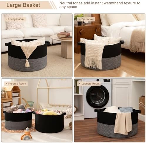 OIAHOMY 90L XXXLarge Blanket Basket Living Room Laundry Basket Black&Grey - Image 5