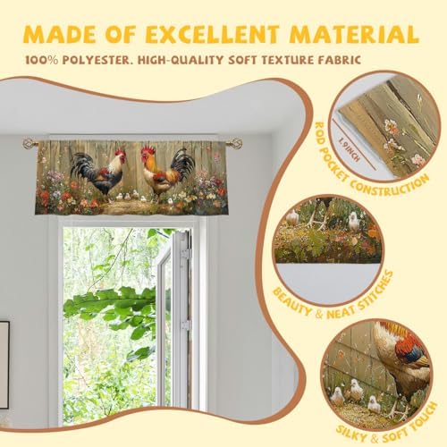 Rooster Curtain Valance for Windows 2 Pack Colorful Feather Flower Wooden Fence - Image 2