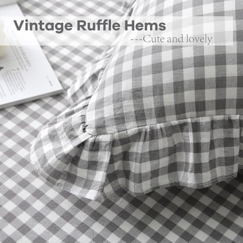 2 Pack Grey White Plaid Ruffle Gingham Euro Pillow Shams, 100% Washed Cotton - Image 5