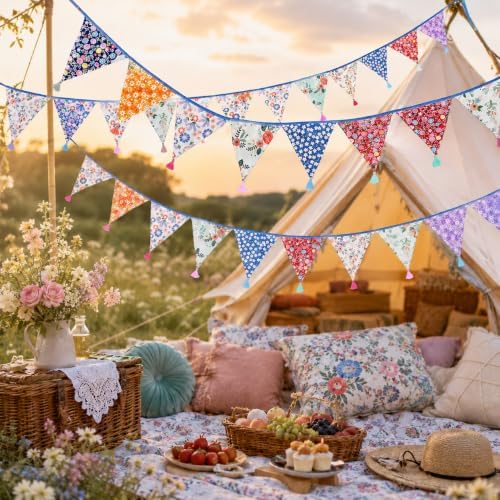 G2PLUS 10.8Ft Cotton Triangle Bunting Banner – 12pcs Multicolor Floral Fabric - Image 5