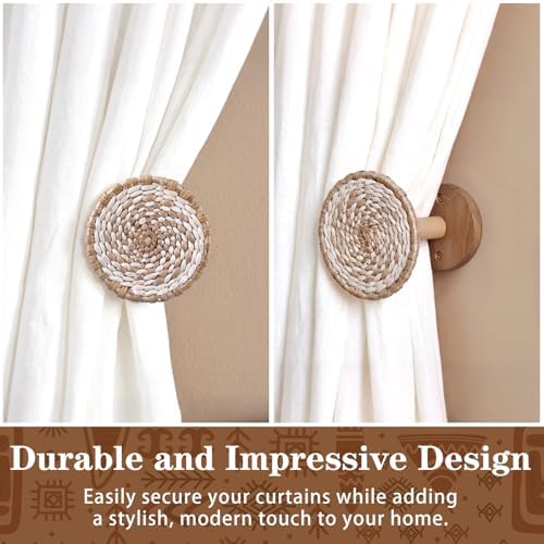 Leinuosen 2 Pack Boho Curtain Holdbacks Rattan Tiebacks, Round White - Image 4