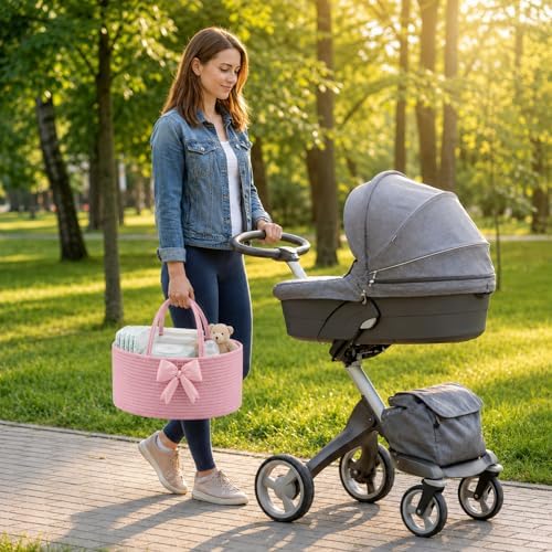 Hushee Pink Bow Baby Diaper Caddy Organizer Bag Basket - Image 2