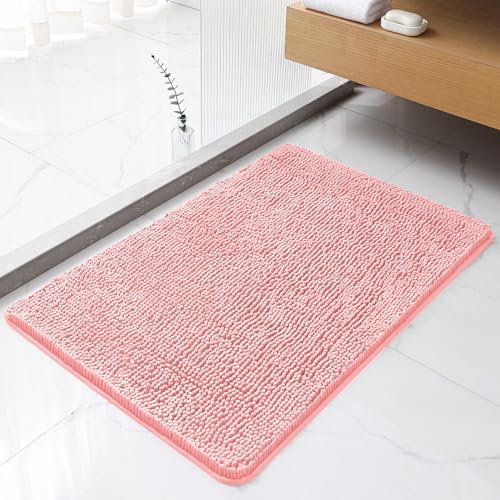 Chenille Bathroom Rug 24"x36" Pink, Non-Slip Plush Bath Mat by Kildoss