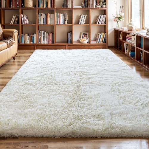6x9 Thick Cream White Shag Rug for Bedroom, Soft Plush Fluffy Carpet by KICHOWUA
