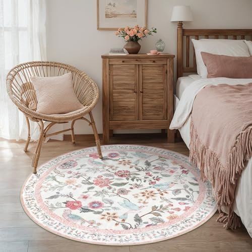 Rugalia Pink Floral Round Rugs 4ft, Washable Boho Circle Rug - Image 5