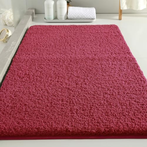 Polyester Bathroom Rug 24"x40" Red, Non-Slip Soft Shaggy Bath Mat by Kildoss