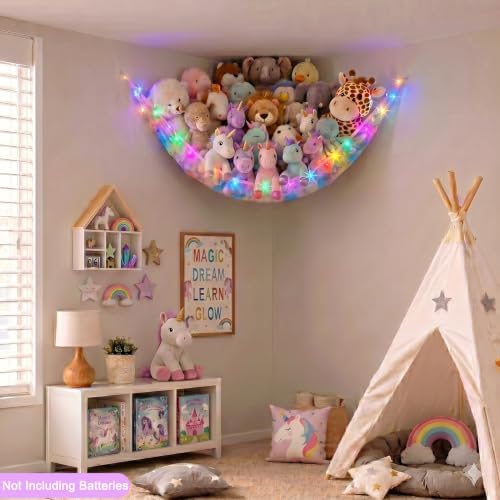 Stuffed Animals Hammock with LED Light Toy Net Room Decor Corner Storage - Image 2