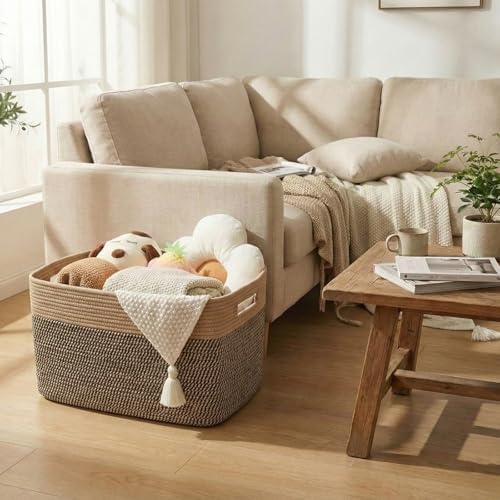 JMvicyroam 96L Large Woven Cotton Rope Blanket Basket, Jute&Black - Image 2