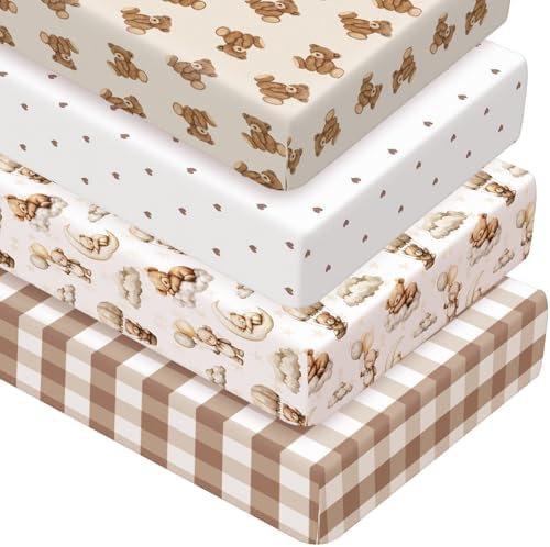 Peryiter 4 Pack Crib Sheets for Baby 52'' X 28" Brown Bear Crib Sheet by Peryiter