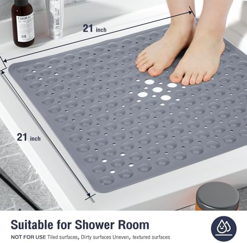 Square Shower Mat Bathtub Mat Tub Bath Mat Non Slip Grey 21"x21" - Image 5