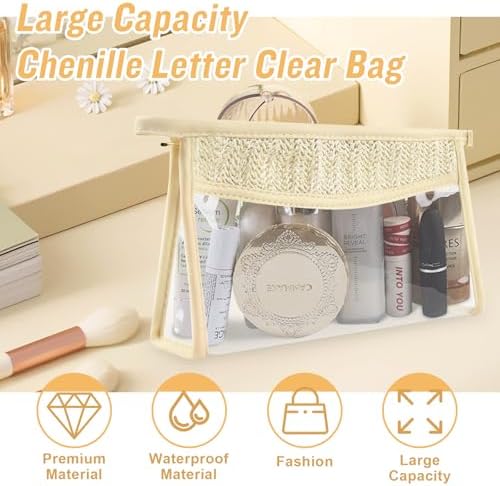 2Pcs Boho Patch Bag Clear Makeup Letter Bag, Waterproof Zipper Make up Bags - Image 4
