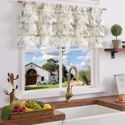 jinchan Ruffled Floral Valance Curtain 18 Inch 1 Panel Blue on Beige - Image 2