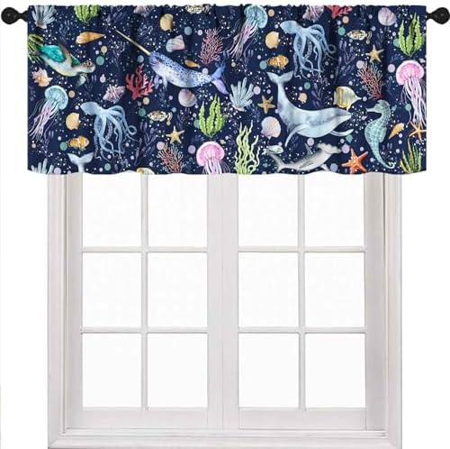 Shark Curtains Valance for Kids Room, Cartoon Sea Underwater Ocean Whale Turtle by Unknown