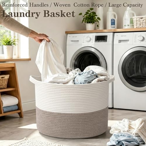 90L Woven Blanket Basket, Extra Large Laundry Basket-White & Brown - Image 5