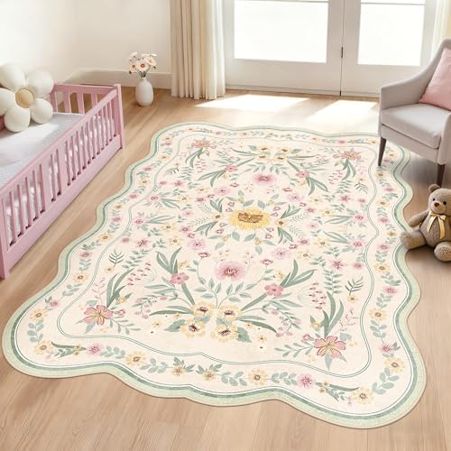 Scalloped Floral Rug 5x7, Sage Green Washable Non Slip Area Rug by Dadasgk