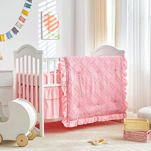 Mini Crib Bedding Set 3 Pieces Baby Boho Quilted Tufted Ruffles Comforter by Uozzi+Bedding