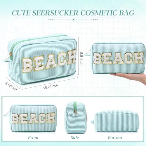 Sanwuta Seersucker Cosmetic Bag Beach Makeup Bag Chenille Letter Stripe Beach - Image 2