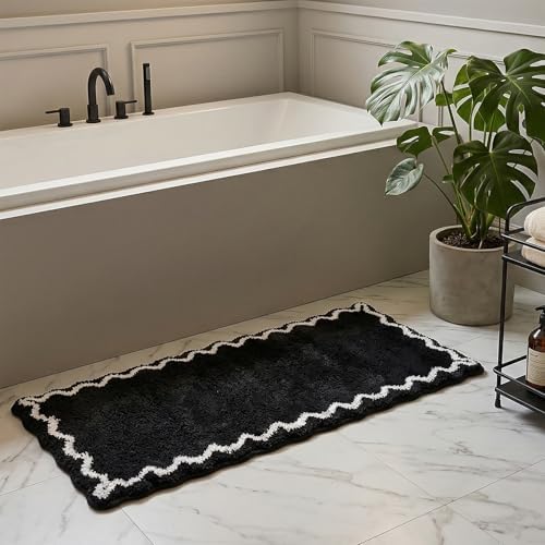 ORTIGIA Black Bath Mat with White Scallop Non Slip, Quick Dry Bath Rug by ORTIGIA