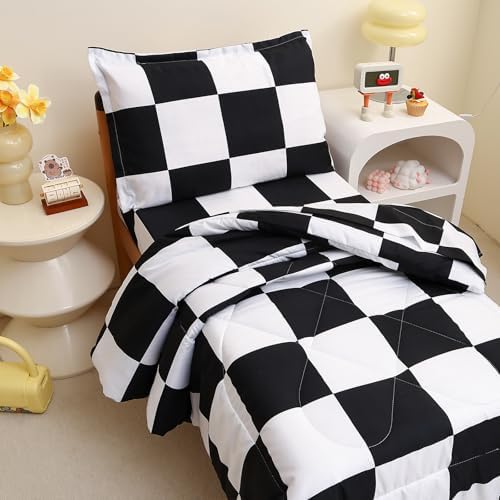 Caressma Checkered Toddler Bedding Set Black White Plaid Comforter Set - Image 5