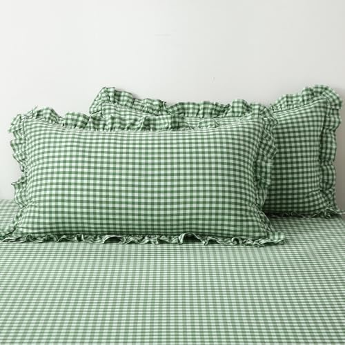 2 Pack Green White Gingham Ruffle Standard Pillow Shams 20"x26" by KMASANIJI