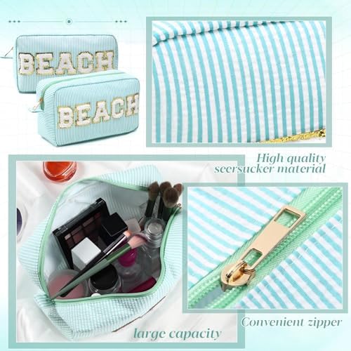 Sanwuta Seersucker Cosmetic Bag Beach Makeup Bag Chenille Letter Stripe Beach - Image 3