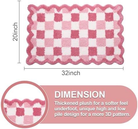 ORTIGIA Cute Pink Checkered Scalloped Bath Mat, Fun Plush Microfiber Bathroom - Image 2