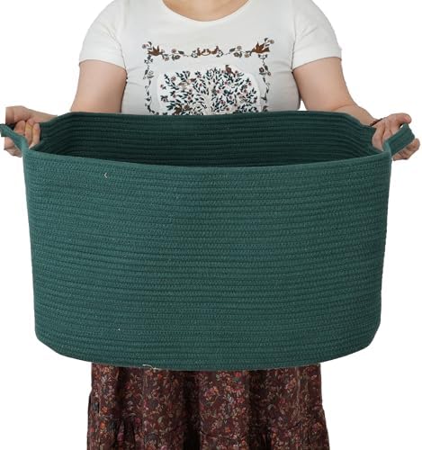 XUANGUO Large Woven Cotton Rope Blanket Basket 22"x17"x12" Dark Green by XUANGUO