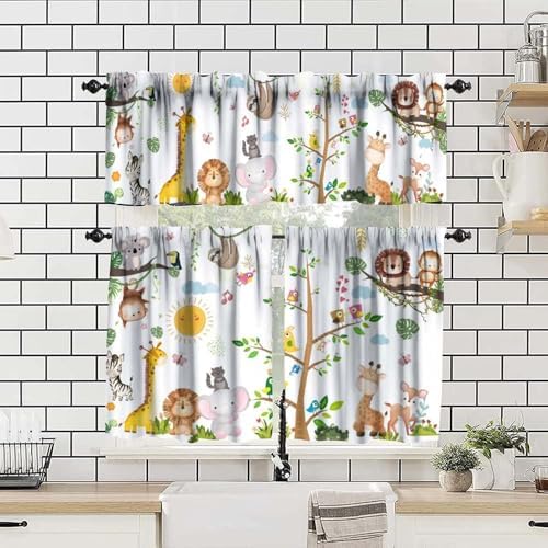 Kids Forest Animals Valance Curtains, Cartoon Elephants Giraffes, Lions Parrots - Image 4