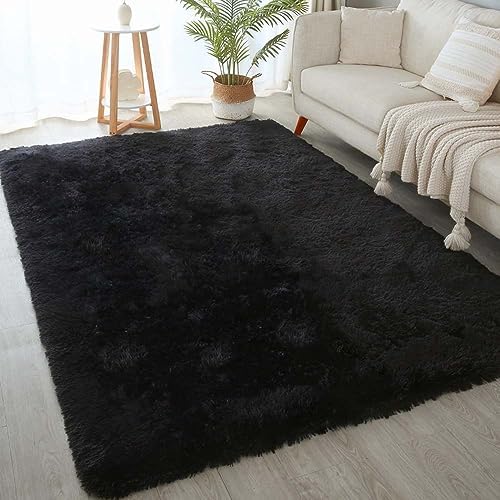5x8 Black Fluffy Shag Rug for Bedroom, Plush Washable Carpet by KICHOWUA