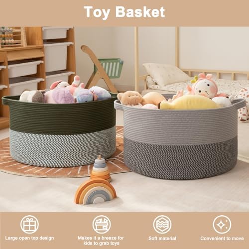 OIAHOMY 90L XXXLarge Blanket Basket Living Room Laundry Basket Green&Grey - Image 3