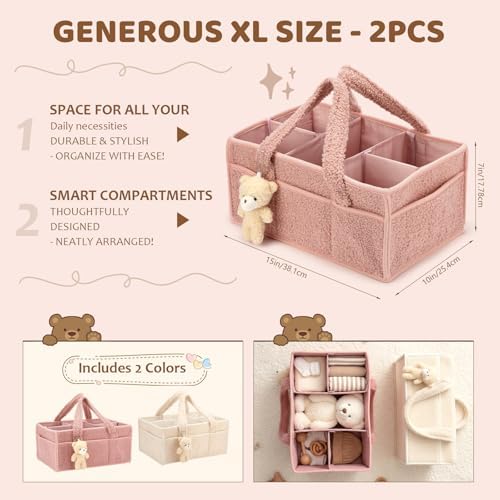 Shinylin 2 Pack Plush Diaper Caddy Organizer, Powder Pink and Ivory - Image 2