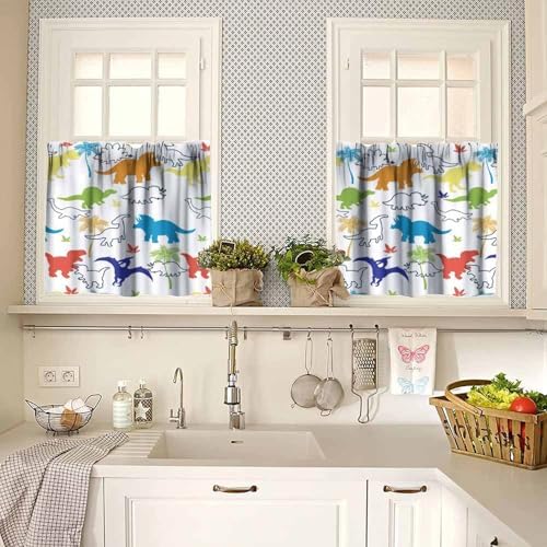 Dinosaur Kids Valance Curtains, Cartoon Colorful Dino Blackout Window Drapes - Image 2