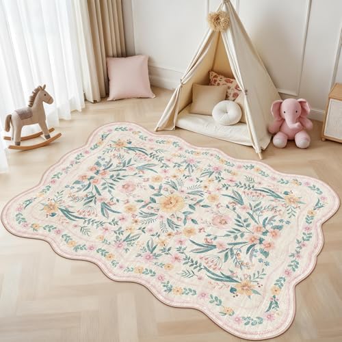 Pink Floral Rug 3X5 for Girls Bedroom or Nursery, Scalloped Washable Non-Slip - Image 3
