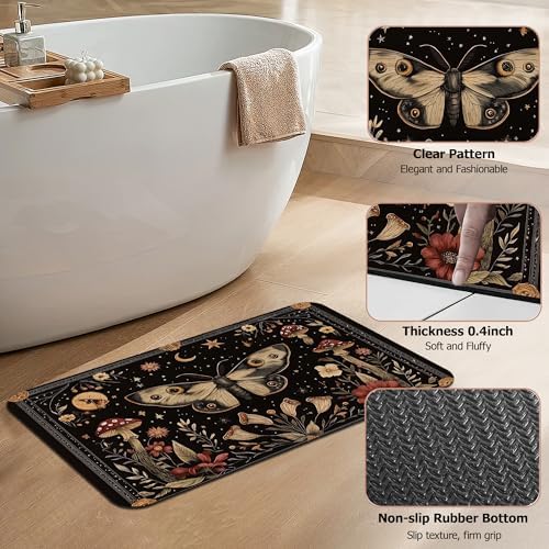 Black Poppy Moth Bathroom Rugs, Mushroom Moon Bath Mats - Image 4