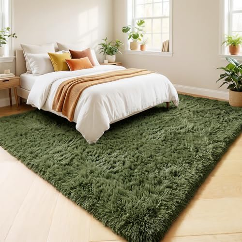 Amdrebio Olive Green Shag Plush Area Rug 4x6 - Image 3