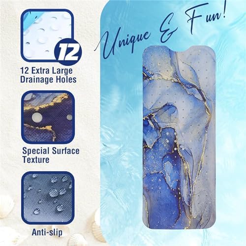 Blue Bathtub Mat Non Slip Marble Gold Line Extra Long Bath Mat - Image 3