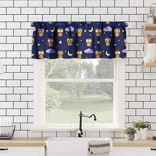 Cute Owls Valance Curtains for Window, Cartoon Animal Navy Blue Rod Pocket - Image 4