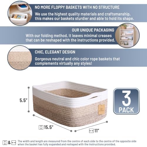 Woven Rope Baskets for Organizing, 3 Pack, 15.5 x 11 x 5.5" Storage Bins - Image 2