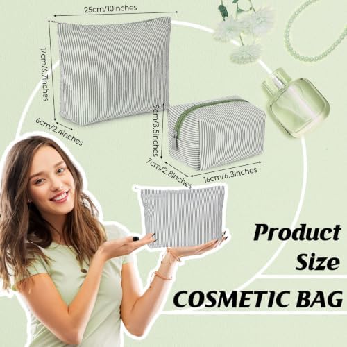 Huhumy 2 Pcs Makeup Bag Set for Women, Bean Green, Thin Stripe - Image 3